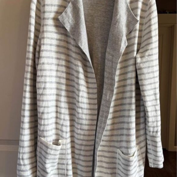 Women’s Loft Long Gray and White Striped Cardigan Sweater with Pockets-Size‎ L - Picture 5 of 6